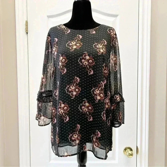 DR2 Blouse Sheer Ruffle Sleeve Bohemian Dark Floral Flowy Black Brown Small - Picture 12 of 12